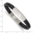 Stainless Steel Brushed Braided Black Leather w/.5in ext 8in Bracelet