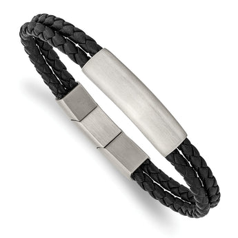 Stainless Steel Brushed Braided Black Leather w/.5in ext 8in Bracelet