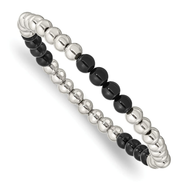 Stainless Steel Polished Black Onyx Beaded Stretch Bracelet