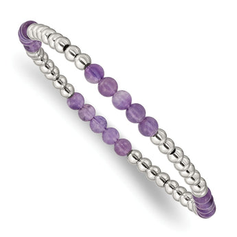 Stainless Steel Polished Purple Zebra Amethyst Beaded Stretch Bracelet