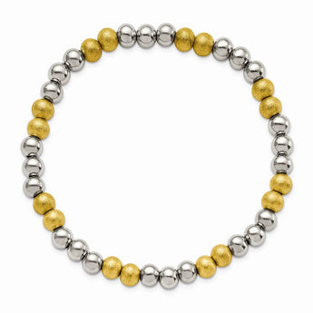 Stainless Steel Polished Yellow IP Sand Blasted Beaded Stretch Bracelet