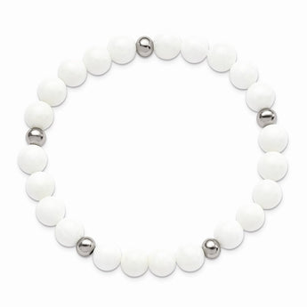 Stainless Steel Polished White Ceramic Beaded Stretch Bracelet