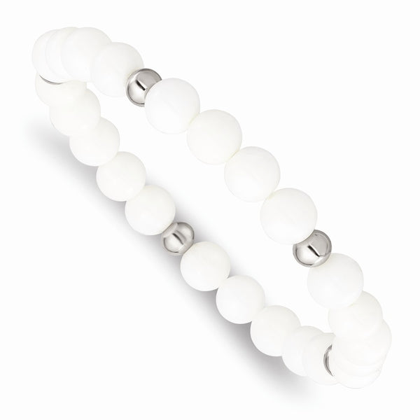 Stainless Steel Polished White Ceramic Beaded Stretch Bracelet