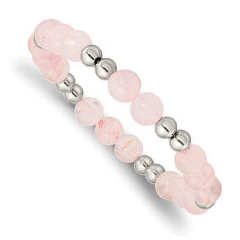 Stainless Steel Polished Pink Quartz Beaded Stretch Bracelet