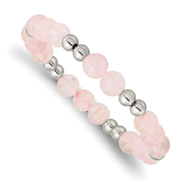 Stainless Steel Polished Pink Quartz Beaded Stretch Bracelet