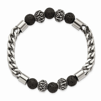 Stainless Steel Antiqued & Polished w/Lava Stone Beads Stretch Bracelet