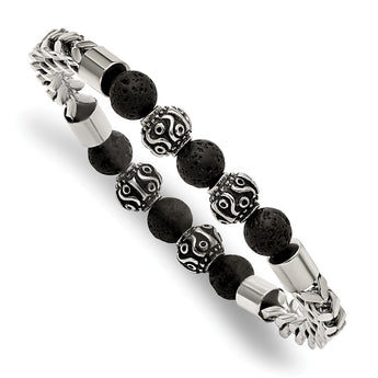 Stainless Steel Antiqued & Polished w/Lava Stone Beads Stretch Bracelet