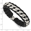 Stainless Steel Brushed Chain and Black Leather 8.5in Bracelet