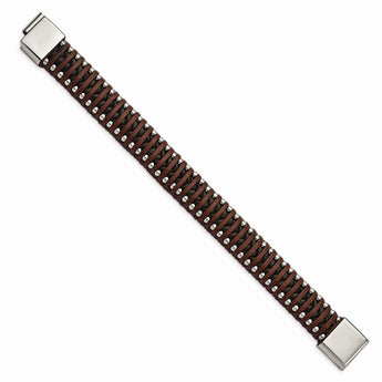 Stainless Steel Polished Beaded Brown Leather 8.25in Bracelet