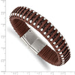 Stainless Steel Polished Beaded Brown Leather 8.25in Bracelet