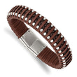 Stainless Steel Polished Beaded Brown Leather 8.25in Bracelet