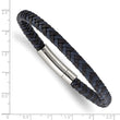 Stainless Steel Polished Black and Blue Braided Leather 8.25in Bracelet