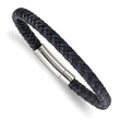 Stainless Steel Polished Black and Blue Braided Leather 8.25in Bracelet