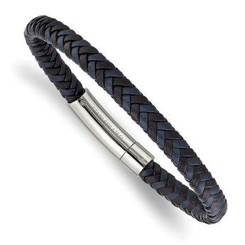 Stainless Steel Polished Black and Blue Braided Leather 8.25in Bracelet