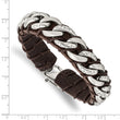 Stainless Steel Brushed Polished & Textured Brown Leather 8.5in Bracelet