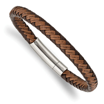 Stainless Steel Polished Brown Braided Leather 8.25in Bracelet