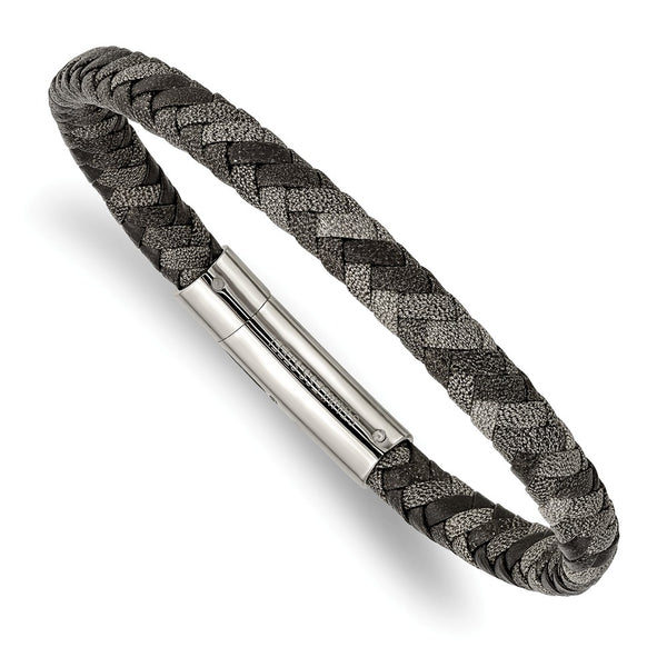 Stainless Steel Polished Black and Gray Braided Leather 8.25in Bracelet