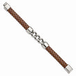 Stainless Steel Polished Chain and Brown Leather 8.25in Bracelet