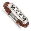 Stainless Steel Polished Chain and Brown Leather 8.25in Bracelet