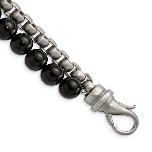 Stainless Steel Brushed Box Chain & Black Onyx 2 Strand 8.5in Bracelet