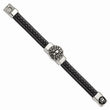 Stainless Steel Antiqued & Polished Spider Blk Faux Leather 8.5in Bracelet