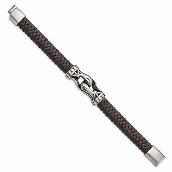 Stainless Steel Antiqued & Polished Dark Brown Faux Leather 8.5in Bracelet