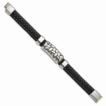 Stainless Steel Antiqued & Polished Black Faux Leather 8.5in Bracelet