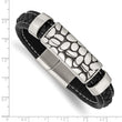 Stainless Steel Antiqued & Polished Black Faux Leather 8.5in Bracelet