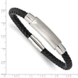 Stainless Steel Brushed and Polished Braided Black Leather 8.25in Bracelet