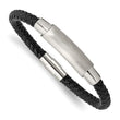 Stainless Steel Brushed and Polished Braided Black Leather 8.25in Bracelet