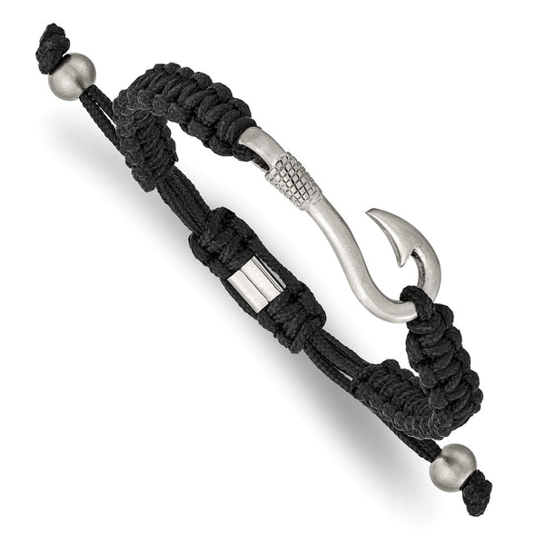 Stainless Steel Brushed Fishing Hook Black Nylon Adjustable Bracelet
