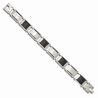 Stainless Steel Brushed & Polished Black Carbon Fiber Inlay 8.75in Bracelet