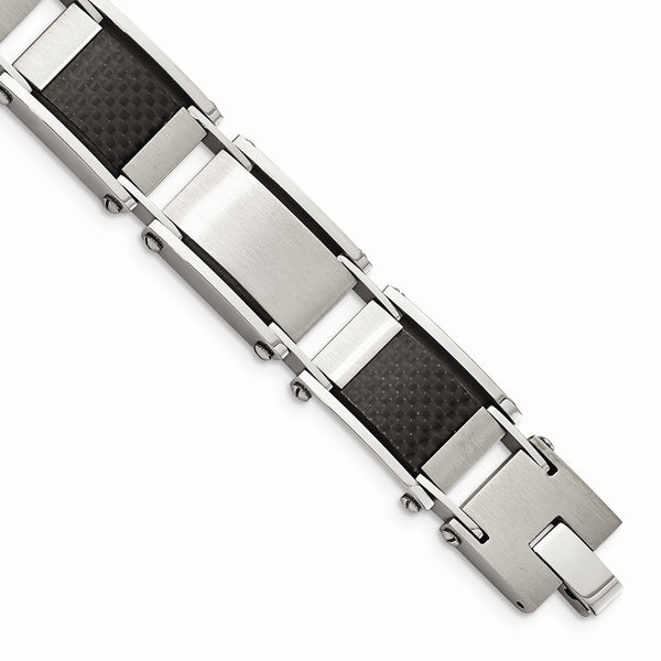 Stainless Steel Brushed & Polished Black Carbon Fiber Inlay 8.75in Bracelet