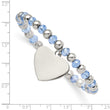 Stainless Steel Polished w/Blue Glass Beads Heart Dangle Stretch Bracelet