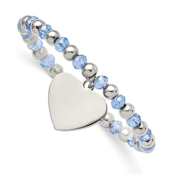Stainless Steel Polished w/Blue Glass Beads Heart Dangle Stretch Bracelet