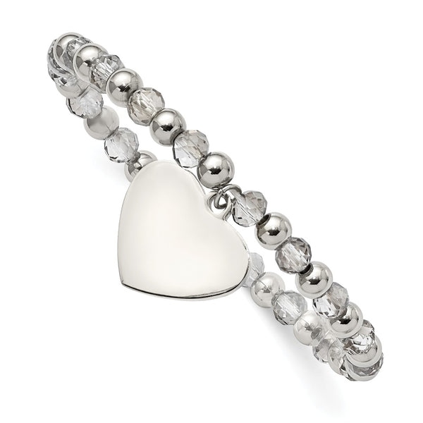 Stainless Steel Polished w/Grey Glass Beads Heart Dangle Stretch Bracelet