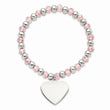 Stainless Steel Polished w/Pink Glass Beads Heart Dangle Stretch Bracelet