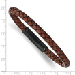 Stainless Steel Brushed Black IP-plated Brown Leather 8.25in Bracelet