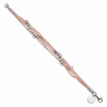 Stainless Steel Polished Beaded Multi-Strand Pink Leather 8in Bracelet