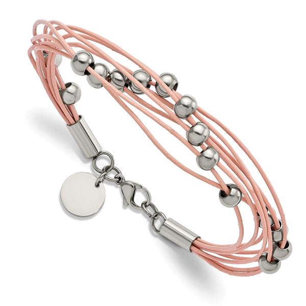Stainless Steel Polished Beaded Multi-Strand Pink Leather 8in Bracelet