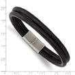 Stainless Steel Antiqued Black Leather 2-Strand 8.25in Bracelet