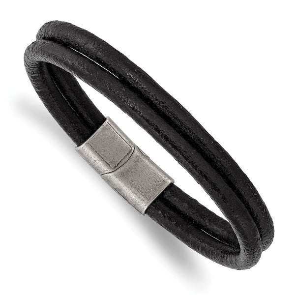 Stainless Steel Antiqued Black Leather 2-Strand 8.25in Bracelet