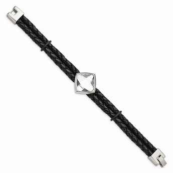 Stainless Steel Polished with Glass Stone Braided Leather 8in Bracelet