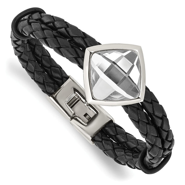 Stainless Steel Polished with Glass Stone Braided Leather 8in Bracelet