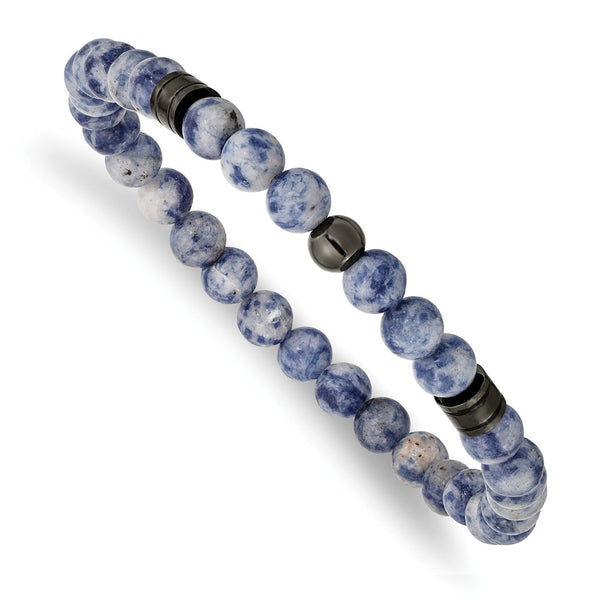 Stainless Steel Polished Gun Metal IP and Lapis Beaded Stretch Bracelet