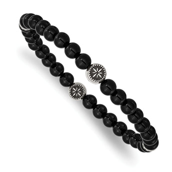Stainless Steel Antiqued & Polished Black Agate Beaded Stretch Bracelet