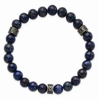 Stainless Steel Antiqued White Bronze-plated Lapis Beaded Stretch Bracelet
