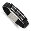Stainless Steel Brushed & Polished Black IP Carbon Fiber Leather Bracelet
