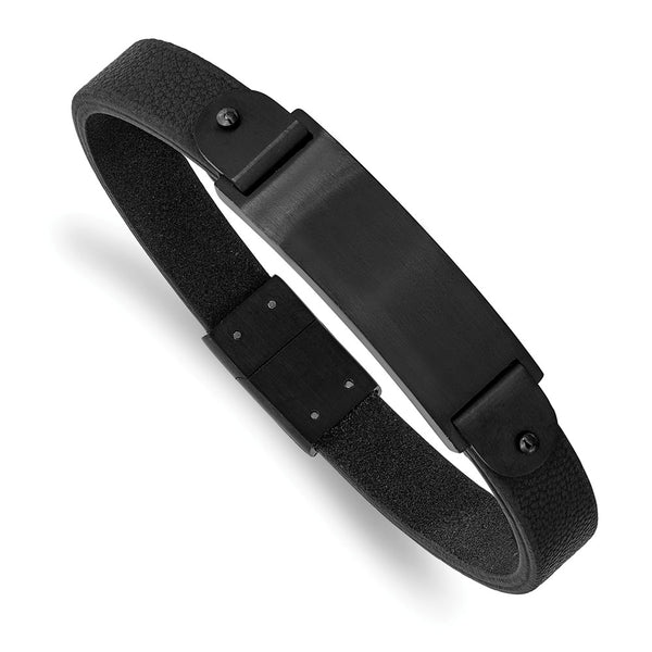 Stainless Steel Brushed Black IP-plated Black Leather 8.5in ID Bracelet