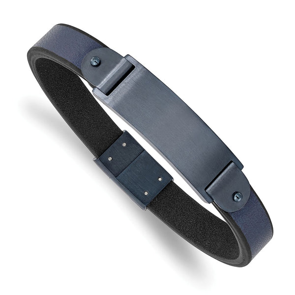 Stainless Steel Brushed Dark Grey IP-plated Blue Leather 8.5in ID Bracelet